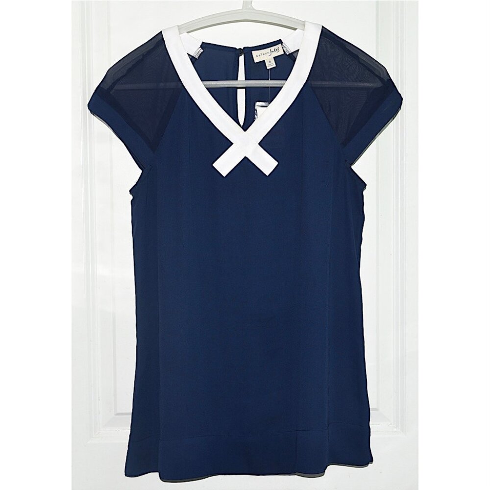 NWT Maison Jules Sailor Style V-Neck Blouse with Sheer Cap Sleeves